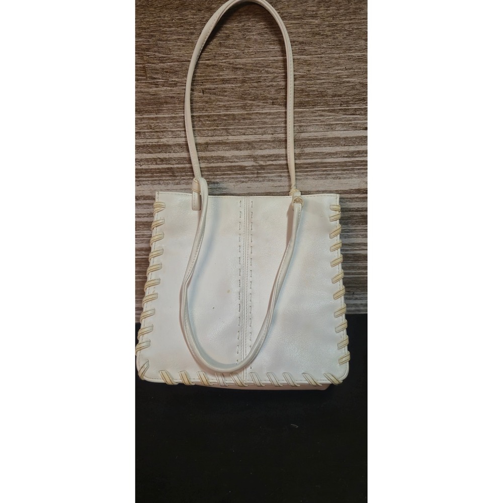 Vintage Style White Whipstitch Faux Leather Tote Shoulder Bag Bohemian Square